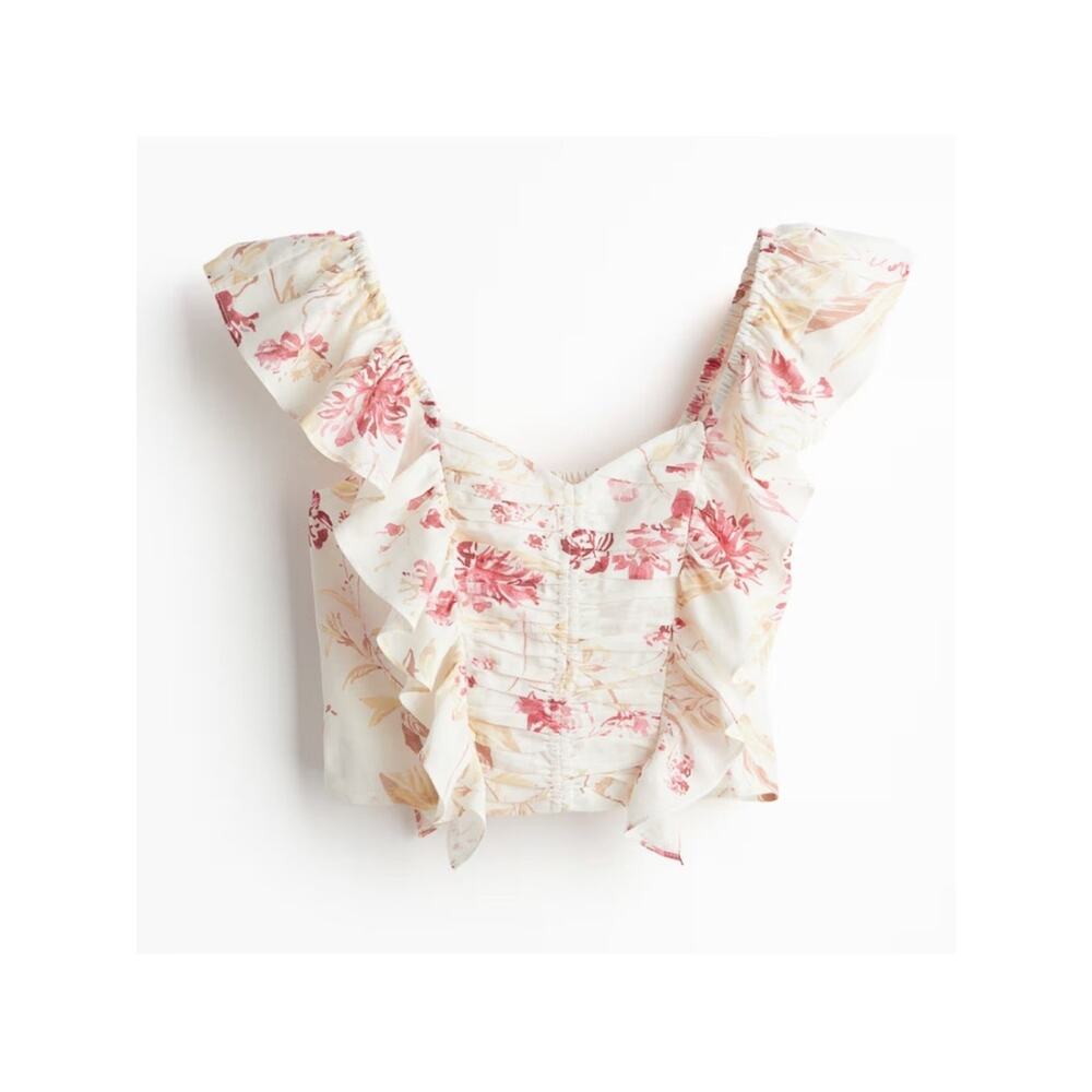 H&M Red Floral Bohemian Cottagecore Linen Blend Ruffle Crop Top - Picture 2 of 6